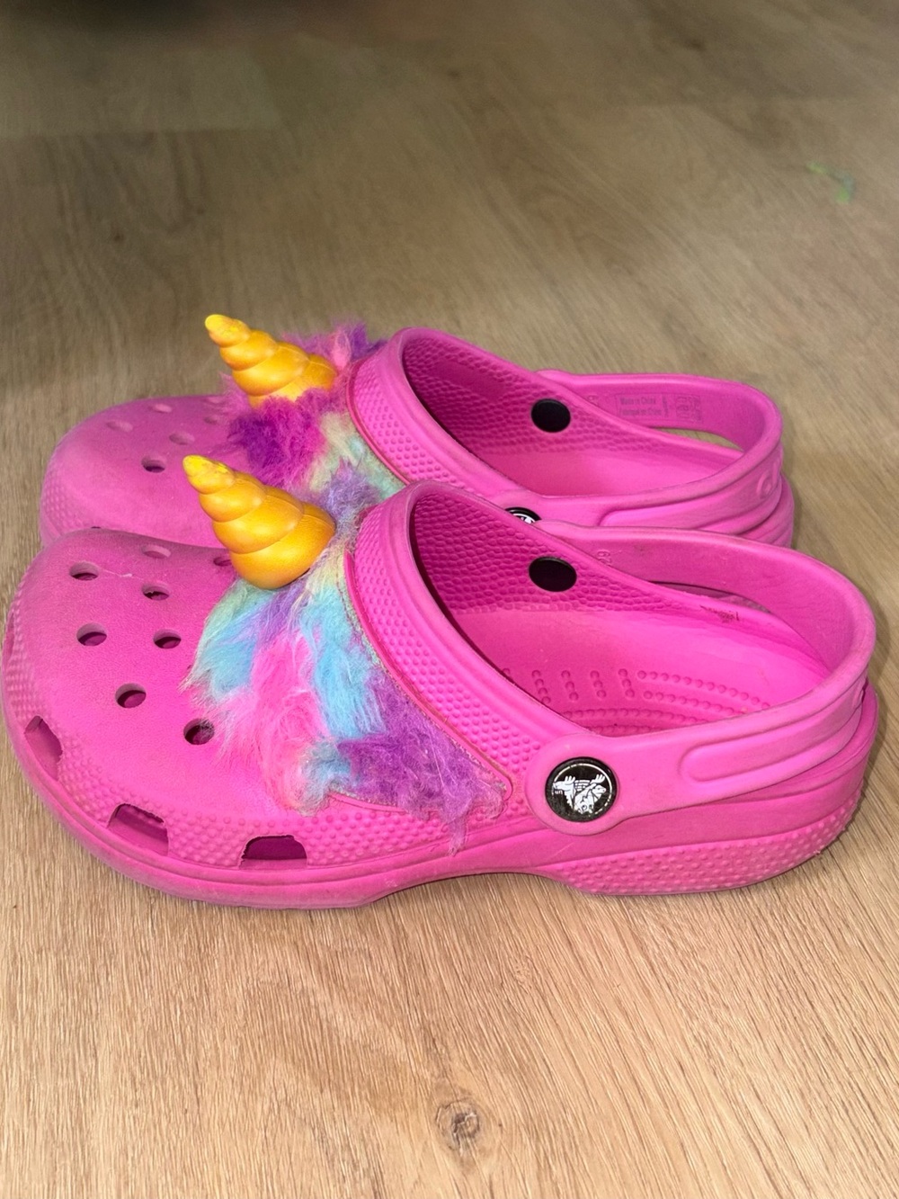 CROCS Pink Unicorn with Rainbow Fur and Yellow Horns